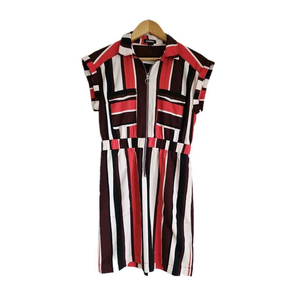 Express Retro Women's Dress 1/4 Zip Collared Striped Pockets Size S Knee Length